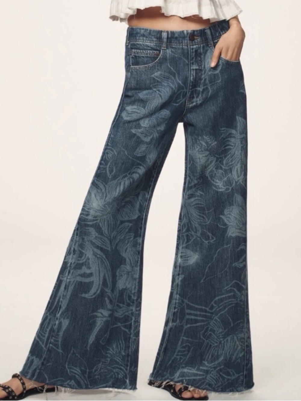 Pilcro Indigo Floral Wide-Leg Jeans